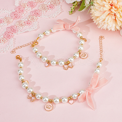 2Pcs Glass Pearl Beads & Iron Chain Pet Collar NJEW-DR00004-1
