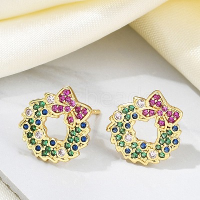 Christmas Rack Plating Brass Cubic Zirconia Stud Earrings EJEW-K245-55E-G-1