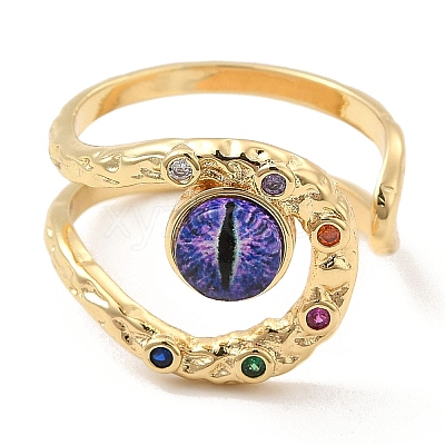 Resin Evil Eye Open Cuff Ring with Cubic Zirconia RJEW-E069-02G-08-1