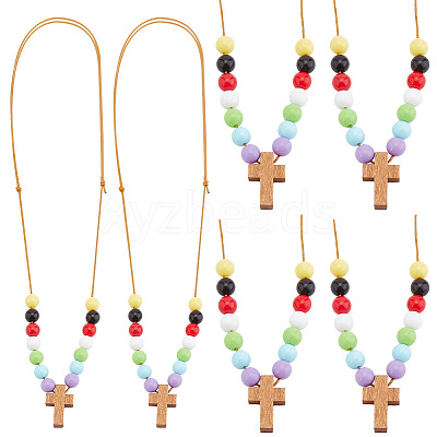 Wood Cross with Acrylic Beaded Pendant Necklaces for Women NJEW-AB00014-1