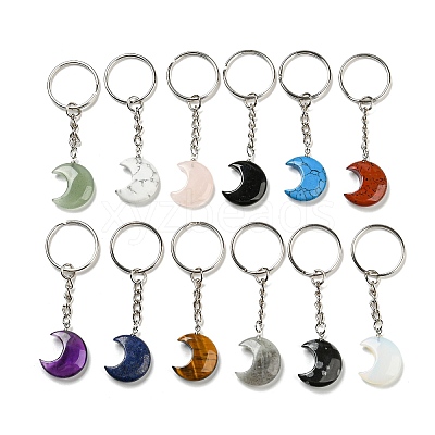 Reiki Natural & Synthetic Mixed Gemstone Moon Pendant Keychains KEYC-P015-01P-1