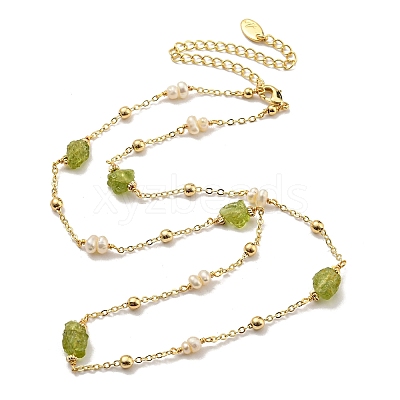 Natural Pearl & Natural Peridot Beaded Necklaces NJEW-M214-03G-1