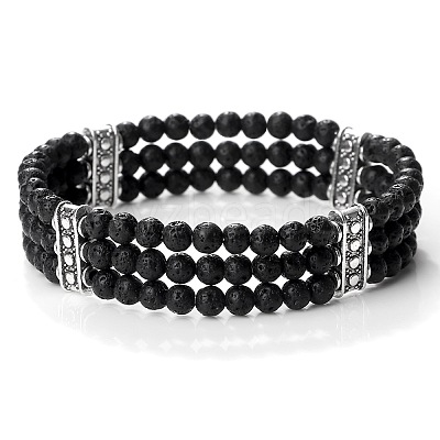 Round Natural Lava Rock & Alloy Multi-Strand Beaded Stretch Bracelets for Women Men GQ0306-3-1