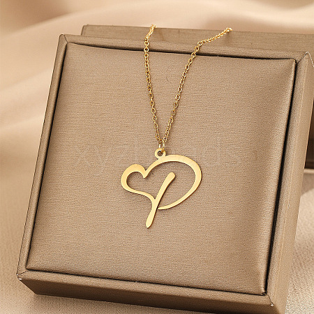 304 Stainless Steel Heart Initial Pendant Necklaces for Women Men FS-WG51A4F-10-1