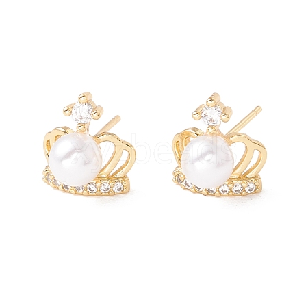 Clear Cubic Zirconia Crown Stud Earrings with Acrylic Pearl EJEW-F282-37G-1