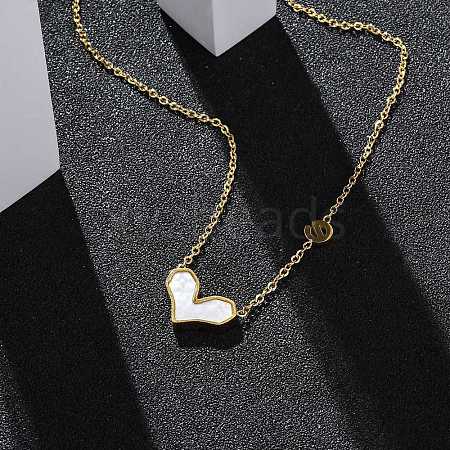 304 Stainless Steel Pave Natural White Shell Heart Pendant Necklaces for Women NJEW-U032-09G-01-1