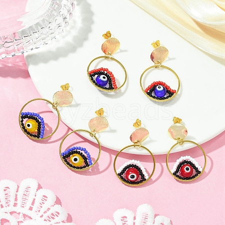 Evil Eye Handmade Glass Seed Beads Dangle Stud Earrings EJEW-MZ00371-1