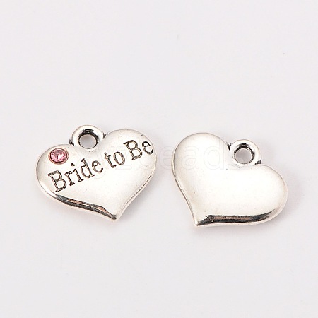 Wedding Theme Antique Silver Tone Tibetan Style Heart with Bride to Be Rhinestone Charms TIBEP-N005-10B-1