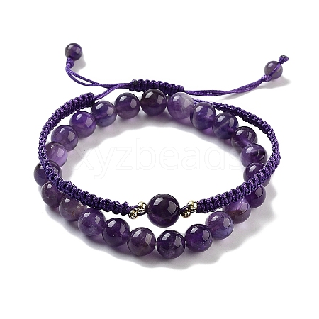 Natural Amethyst Round Beaded Stretch Bracelets & Braided Bead Bracelets BJEW-K251-04A-1