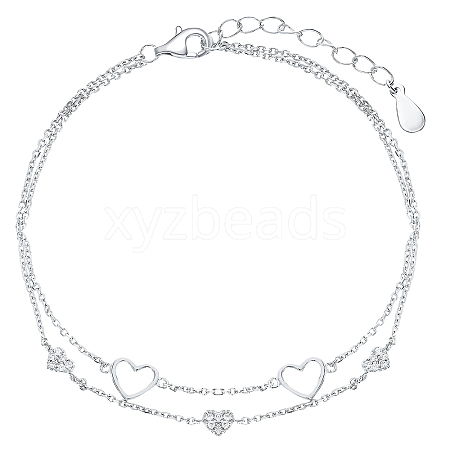 Rhodium Plated 925 Sterling Silver Micro Pave Clear Cubic Zirconia Multi-Strand Heart Link Bracelets AY4910-1