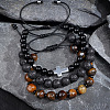 3Pcs 3 Styles Bohemian Style Natural Black Onxy & Lava Rock & Tiger Eye Round Beaded Braided Bead Bracelet Set for Men FX6135-2