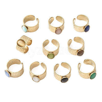 304 Stainless Steel with Glass Cat Eye Cuff Rings for Women RJEW-K309-40E-1