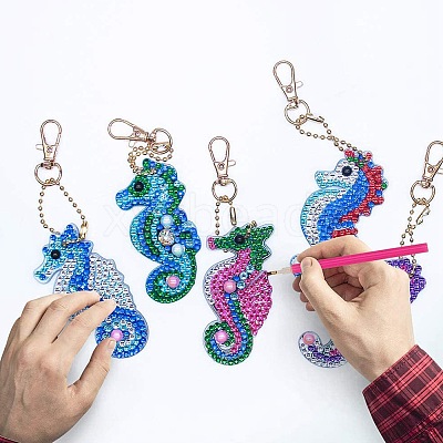 DIY 5D Sea Horse Diamond Painting Keychain Kit DIY-WH0161-59A-1