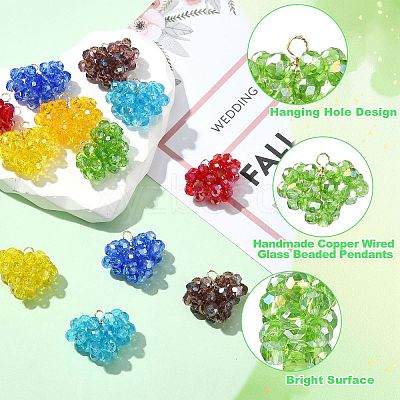 7Pcs 7 Colors Handmade Copper Wired Glass Beaded Heart Pendants PALLOY-CJ00101-1