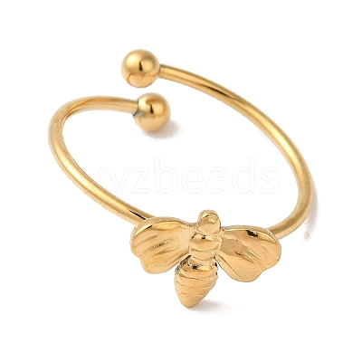Ion Plating(IP) 304 Stainless Steel Bee Open Cuff Rings for Women RJEW-18.0-06G-1