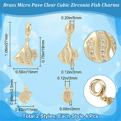 8Pcs 2 Style Brass Micro Pave Clear Cubic Zirconia Charms ZIRC-BBC0001-86-1