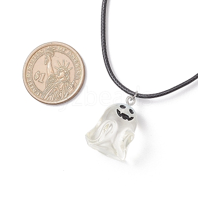 Halloween Resin Ghost Pendant Black Waxes Cord Necklaces for Women NJEW-TA00209-1