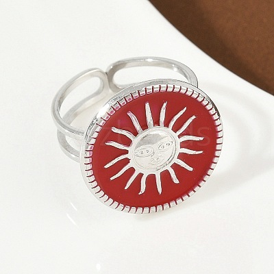 Flat Round with Sun Pattern 304 Stainless Steel Enamel Finger Rings for Women RJEW-G355-05P-02-1