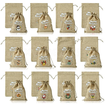 12Pcs 12 Styles Christmas Printed Burlap Packing Pouches Drawstring Bags ABAG-FS0001-03B-1