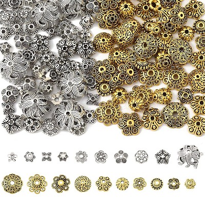 100Pcs 10 Styles Tibetan Style Alloy Flower Bead Caps TIBE-YW0001-84-1