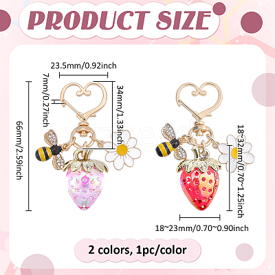 2Pcs 2 Colors Resin & Enamel Strawberry with Flower Keychains KEYC-PH0002-41-1