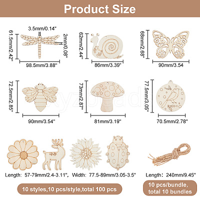 100 Sets 10 Style Unfinished Wood Pendant Decorations AJEW-AR0001-70-1