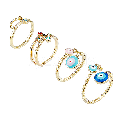 4Pcs 4 Styles Colorful Enamel Evil Eye Open Cuff Rings with Clear Cubic Zirconia RJEW-FI0001-07-1