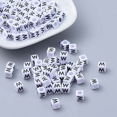 Letter W White Letter Acrylic Cube Beads X-PL37C9308-W-1