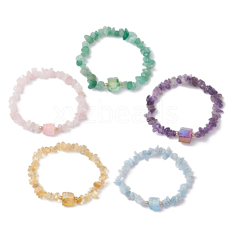 Electroplated Hexagon Prism Natural Quartz Chip Beaded Stretch Bracelets fo Women BJEW-JB10756-1