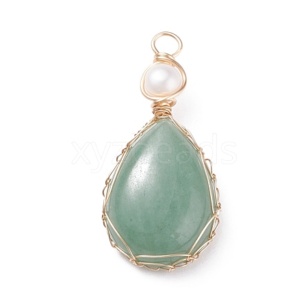 Natural Green Aventurine Copper Wire Wrapped Pendants PALLOY-JF01398-06-1
