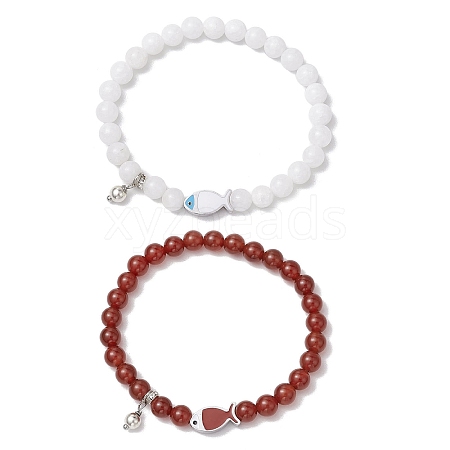 2Pcs Natural Carnelian & Natural White Jade Beaded Stretch Bracelets BJEW-JB11197-1