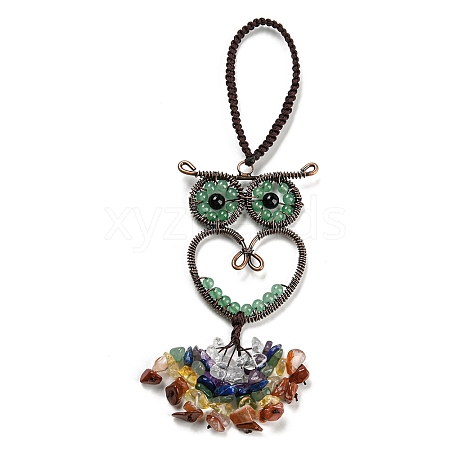 Wire Wrapped Brass Owl & Natural Green Aventurine Pendant Decoration HJEW-C006-01C-1