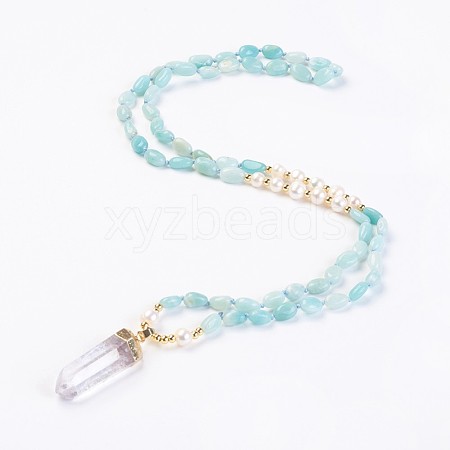 Natural Amazonite and Natural Quartz Crystal Pendant Necklaces NJEW-I220-06-1