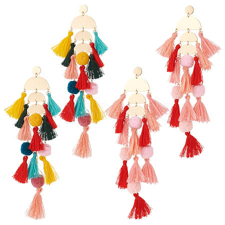 ANATTASOUL 2 Pairs 2 Colors Polyester Tassel with Pompom Boho Chandelier Earrings EJEW-AN0001-75-1