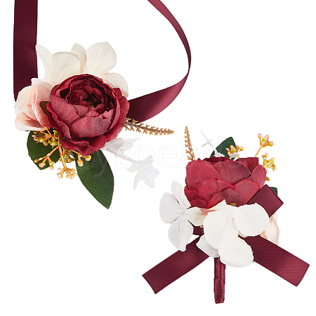 CRASPIRE 2Pcs 2 Style Silk Cloth Rose with Satin Ribbon Corsage Boutonniere & Wrist Corsages AJEW-CP0005-94-1