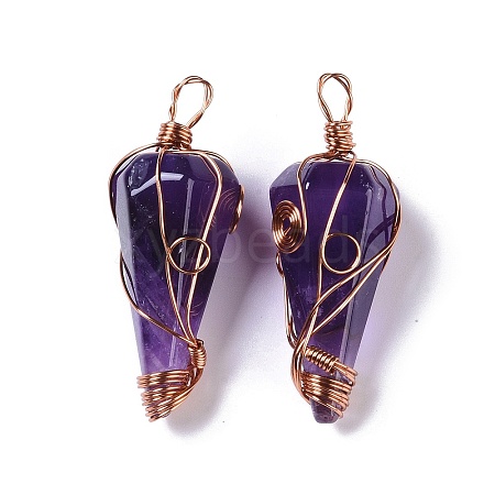 Natural Amethyst Copper Wire Wrapped Big Pendants G-B073-02RG-08-1