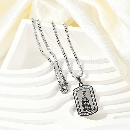 304 Stainless Steel Micro Pave Clear Cubic Zirconia Virgin Mary Pendant Box Chain Necklaces for Men NJEW-S387-01P-1