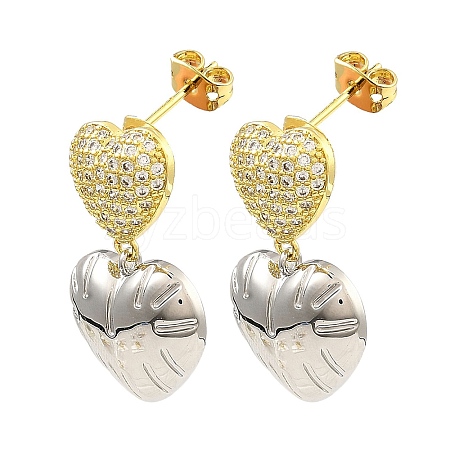 Rack Plating Brass Heart Dangle Stud Earrings with Cubic Zirconia EJEW-D069-06GP-1