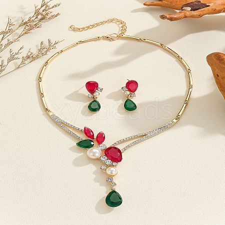 Teardrop Zinc Alloy & Glass & Resin Pearl Pendant Necklace & Stud Dangle Earrings Sets FS-WG17E32-01-1