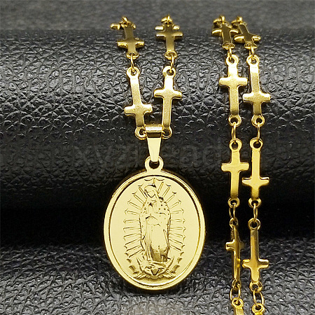 304 Stainless Steel Miraculous Medal Virgin Pendant Cross Link Chain Necklaces NJEW-S440-13G-1