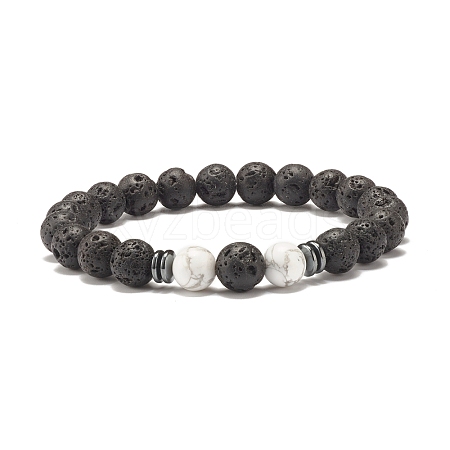 Natural Lava Rock Round Beaded Stretch Bracelet with Howlite BJEW-JB07581-02-1