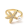 Cubic Zirconia Starfish with Imitation Pearl Open Cuff Ring RJEW-E046-05G-1