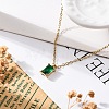 304 Stainless Steel Fern Green Rhinestone Rectangle Pendant Cable Chain Necklaces NJEW-U026-01G-3