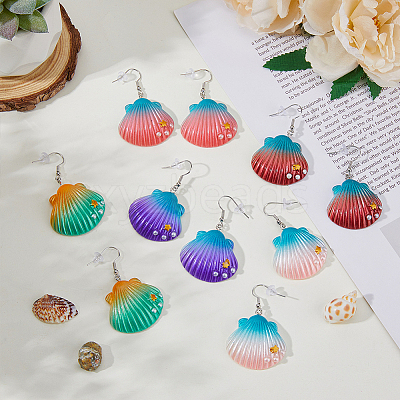 5 Pairs 5 Colors Shell Shape Resin Dangle Earrings with Iron Pins EJEW-FI0001-78-1