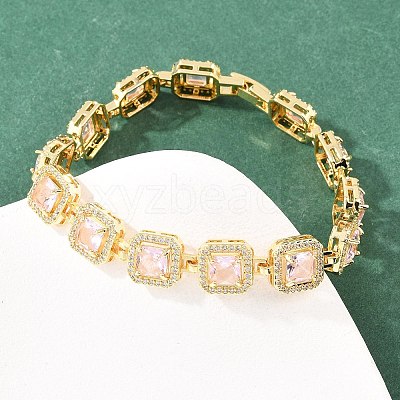 Square Brass Micro Pave Clear Cubic Zirconia and Glass Link Chain Bracelets BJEW-T025-04G-04-1