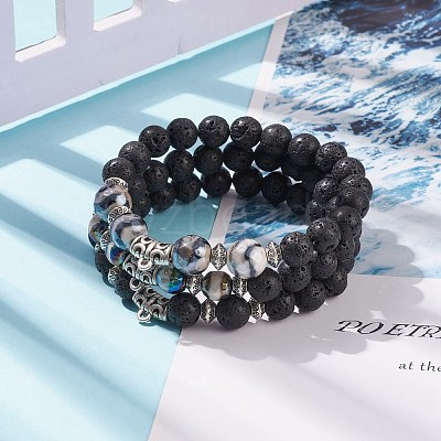 3Pcs 3 Style Natural Lava Rock & Tibetan Agate Stretch Bracelet with Alloy Tube Beaded BJEW-JB08322-1