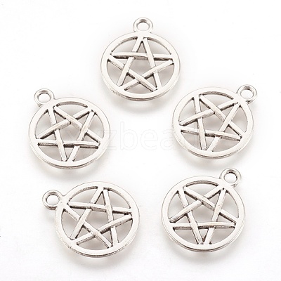 Tibetan Style Alloy Flat Round with Star Charms X-TIBEP-5248-AS-FF-1