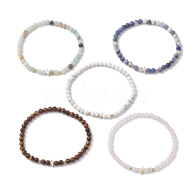4mm Round Mixed Gemstone & Lightning Bolt Brass Beaded Stretch Bracelets BJEW-JB10856-1