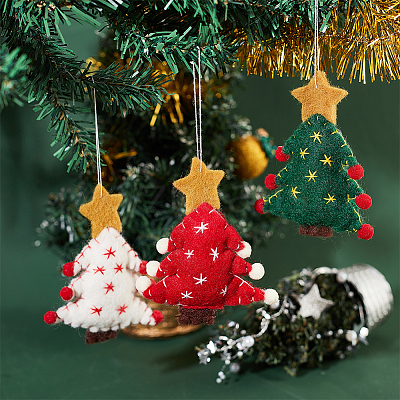 6Pcs 3 Colors Christmas Tree with Star Felt Fabric Pendant Decoration HJEW-CP0001-10-1