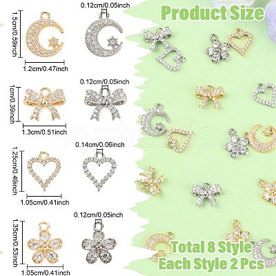 16Pcs 8 Styles Rack Plating Brass Micro Pave Cubic Zirconia Charms ZIRC-YW0001-30-1